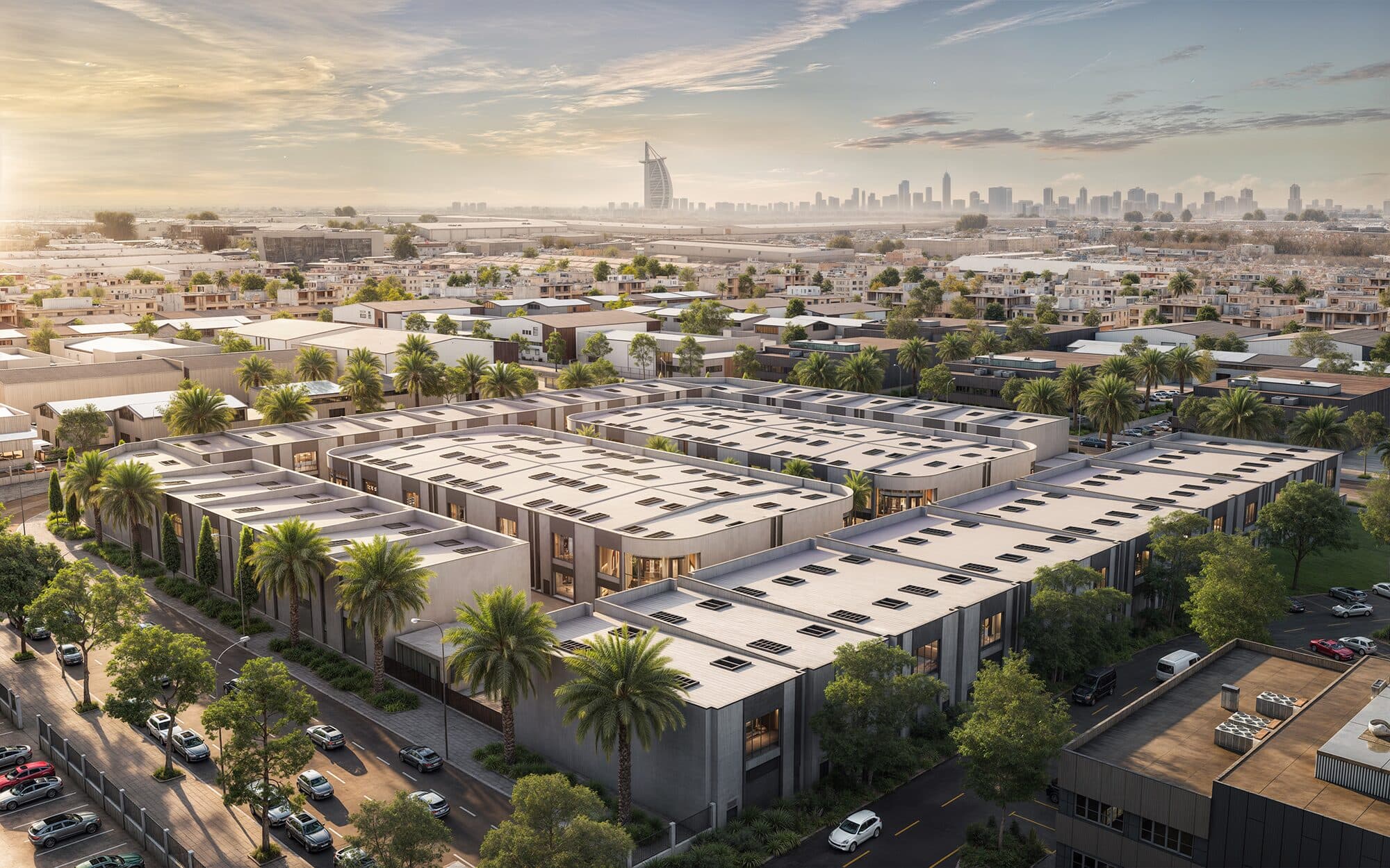 Aerial view of Dubai Fintech District with the Dubai skyline beyond