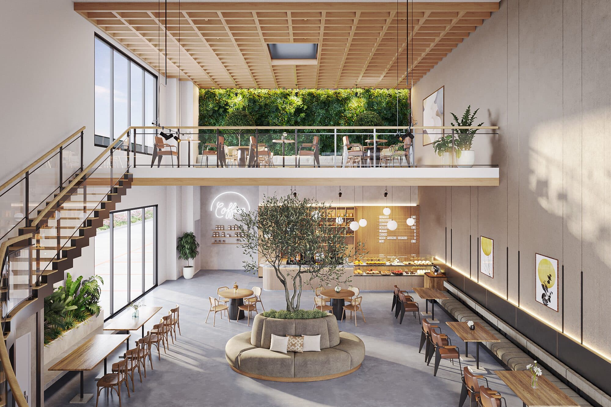 Double-height café interior with mezzanine seating at Dubai Fintech District