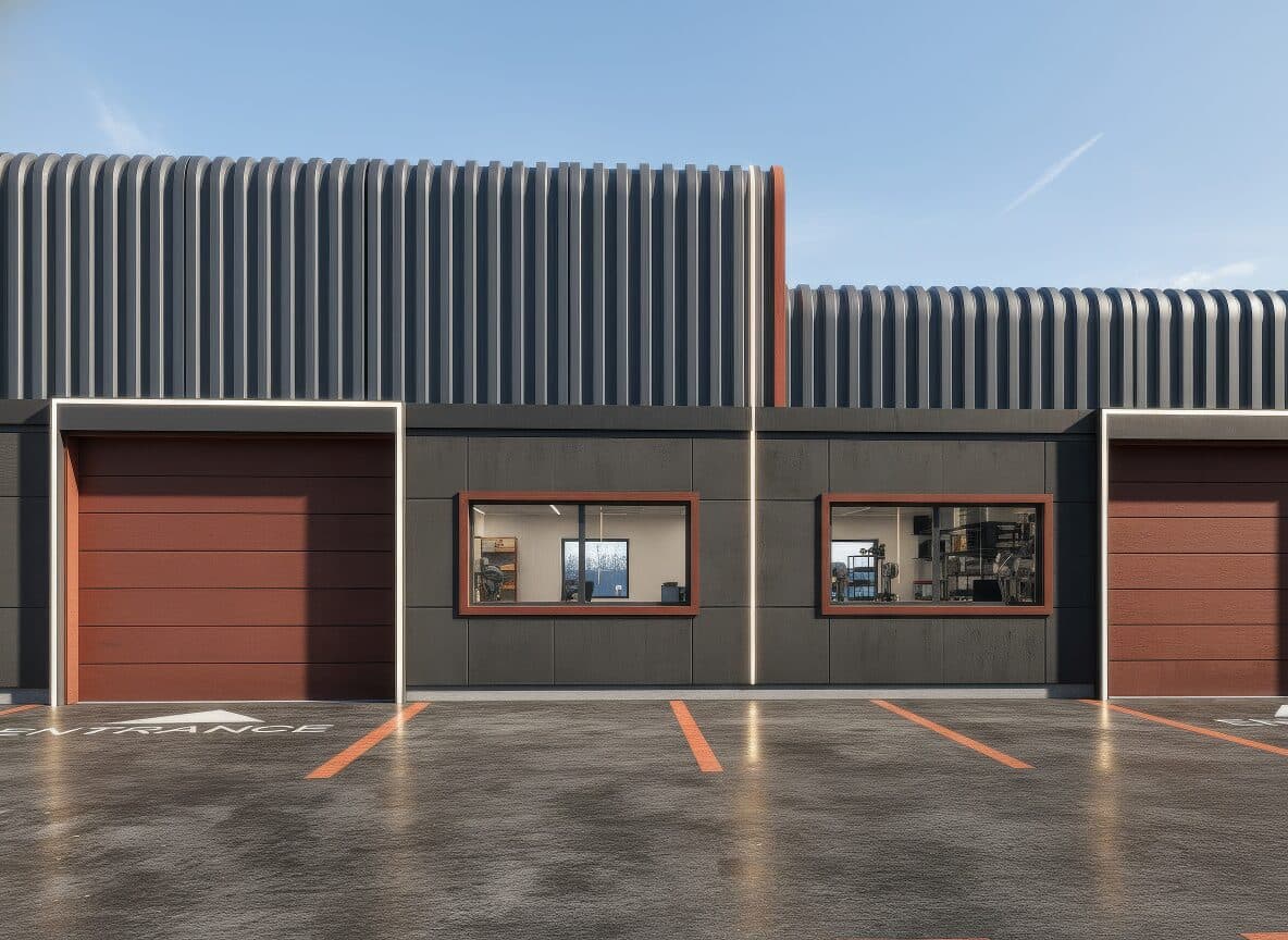 Front elevation of a V8 District unit with showroom windows and marked parking